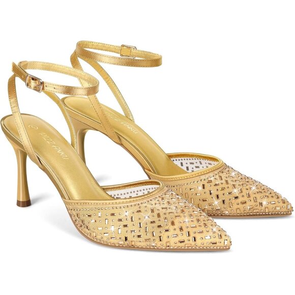 Pizz Annu Women's Gold Closed Toe Mesh Sparkly Ankle Strap Cienna High Heels - Picture 2 of 7